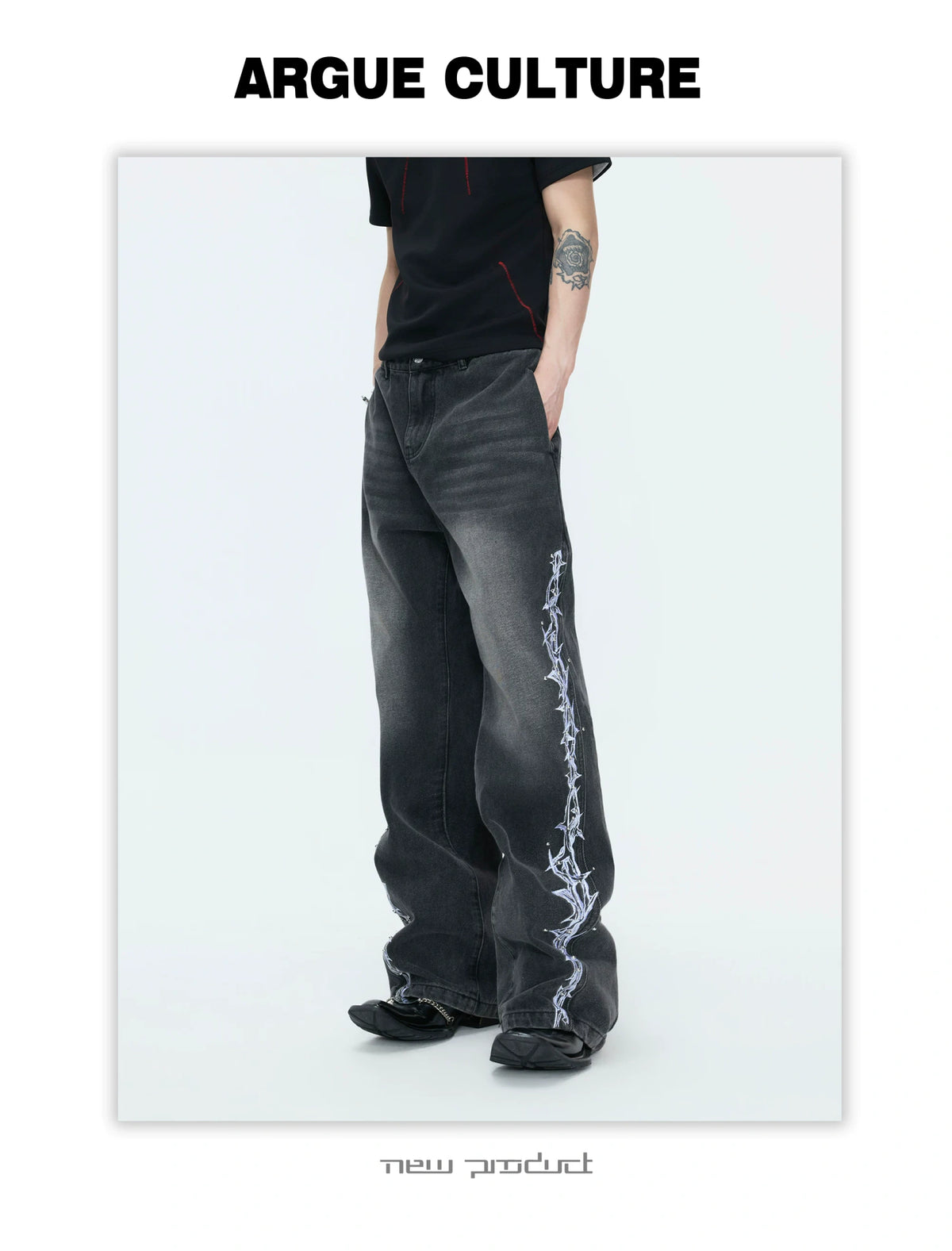 Washed Straight-Leg Jeans with Embroidery and Hardware - description image 10