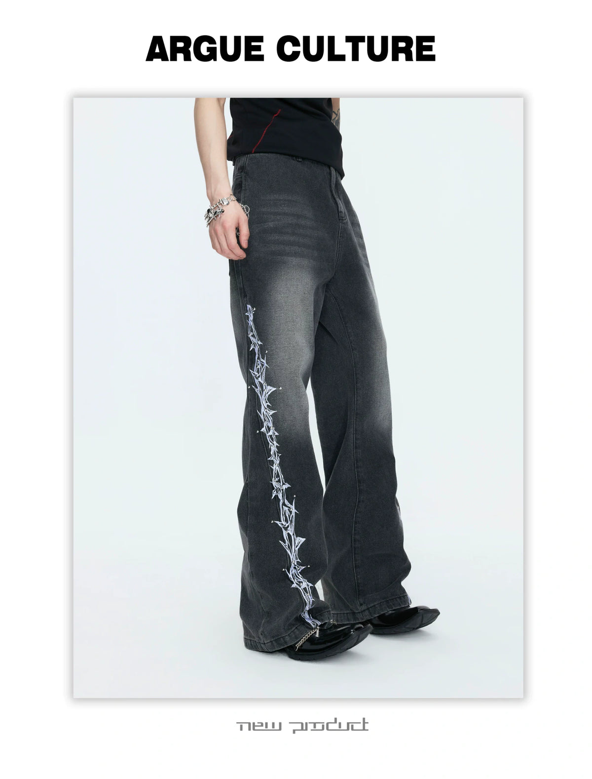 Washed Straight-Leg Jeans with Embroidery and Hardware - description image 11