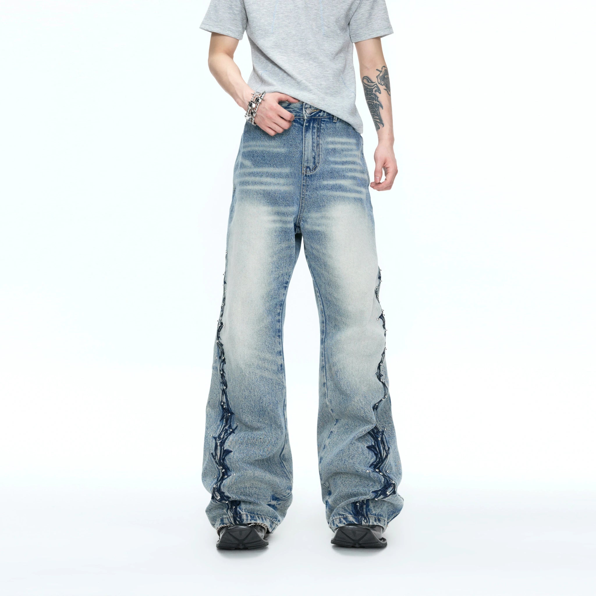Washed Straight-Leg Jeans with Embroidery and Hardware - main image 1