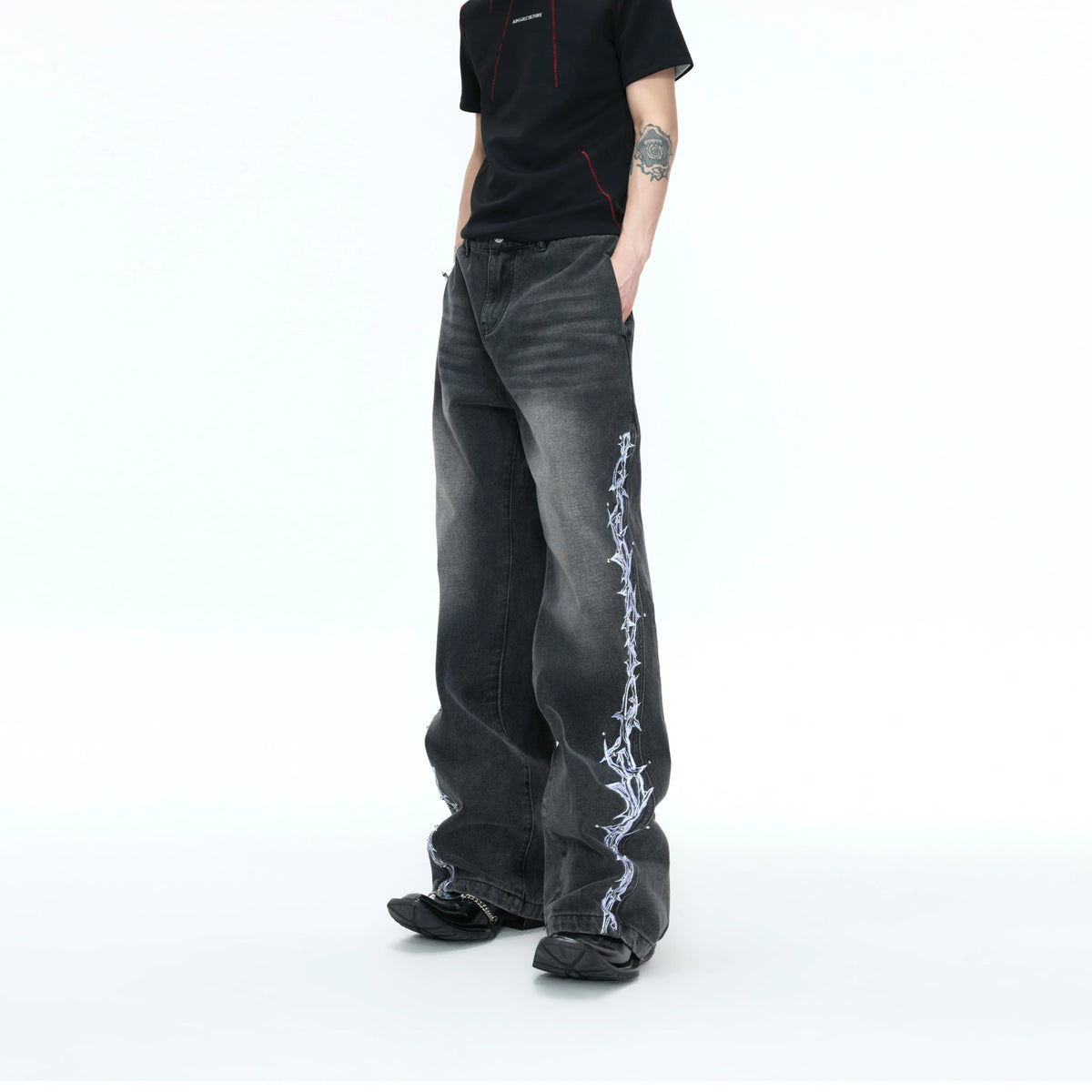 Washed Straight-Leg Jeans with Embroidery and Hardware - main image 2