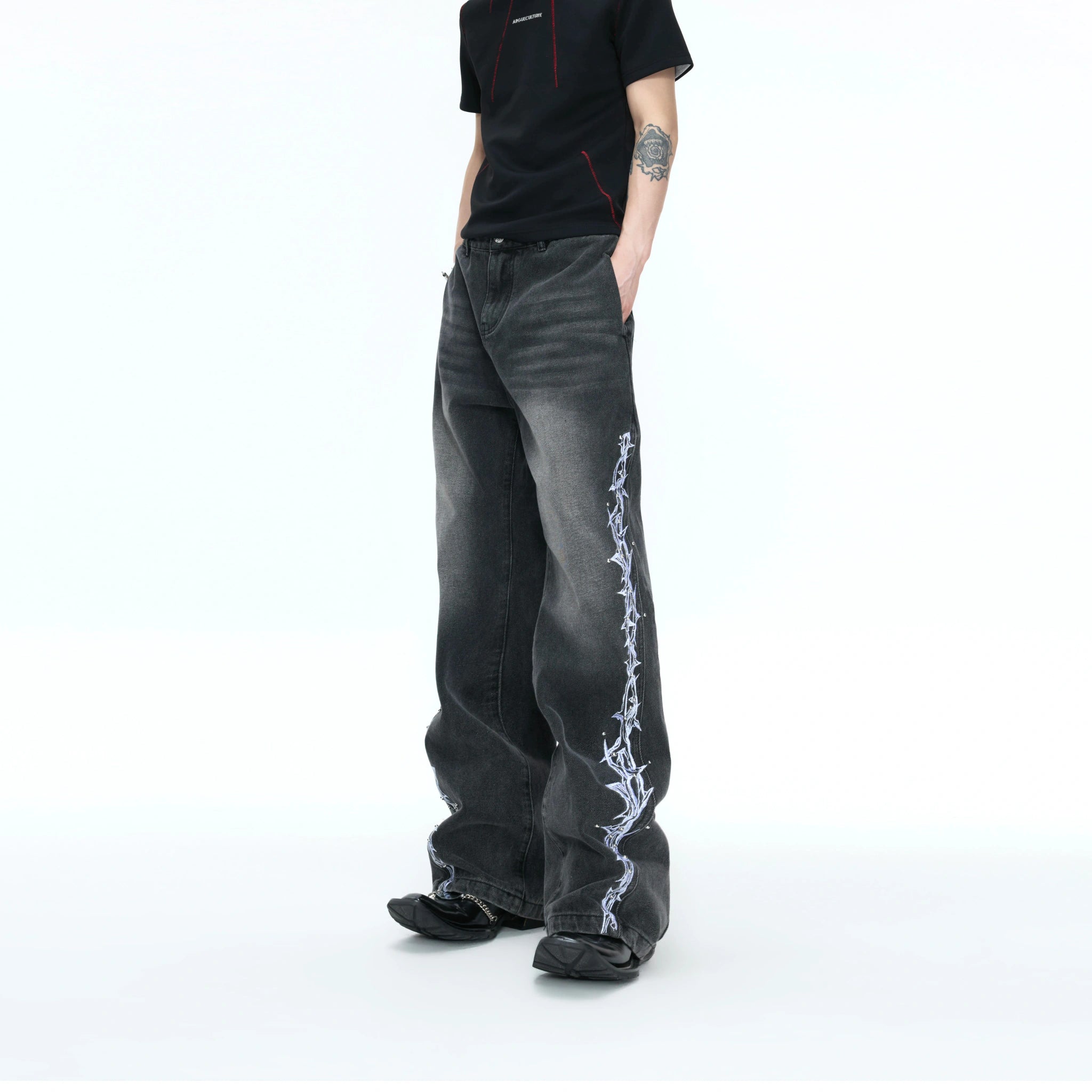 Washed Straight-Leg Jeans with Embroidery and Hardware - main image 2