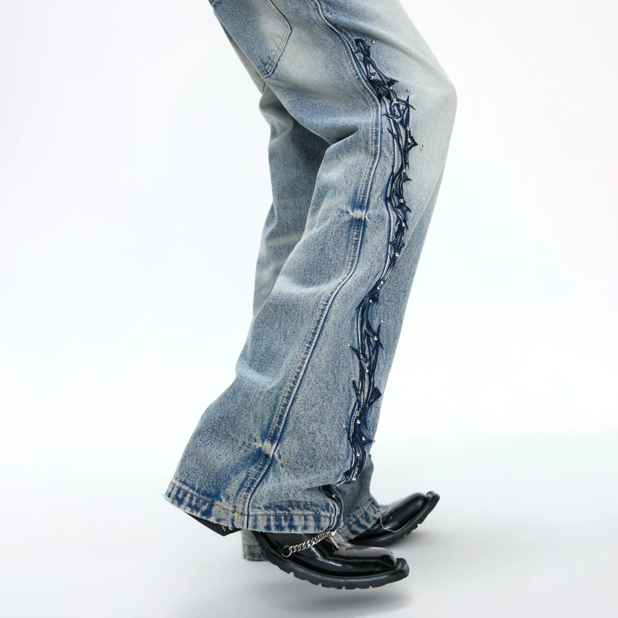 Washed Straight-Leg Jeans with Embroidery and Hardware - main image 3