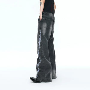 Washed Straight-Leg Jeans with Embroidery and Hardware - main image 4