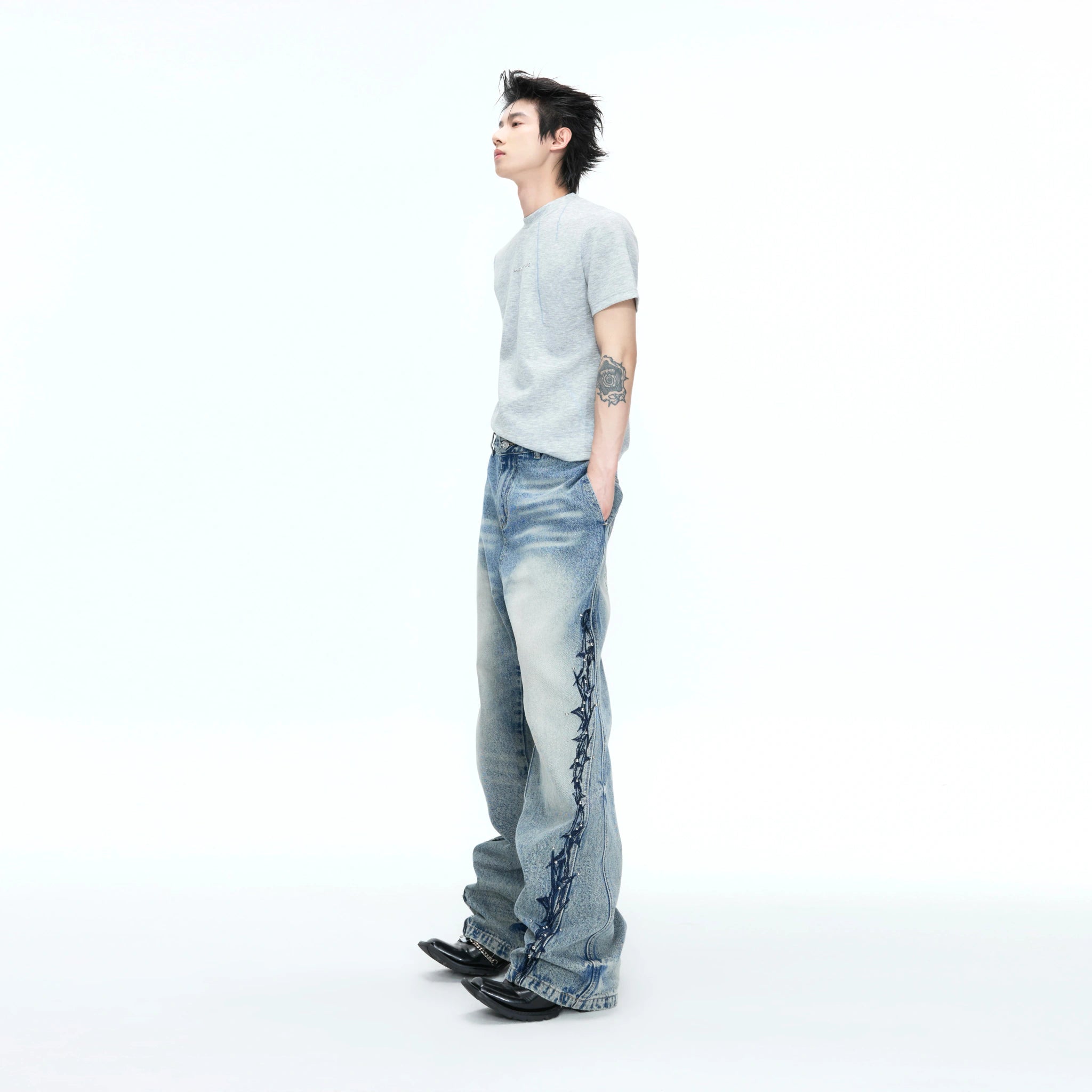 Washed Straight-Leg Jeans with Embroidery and Hardware - main image 5