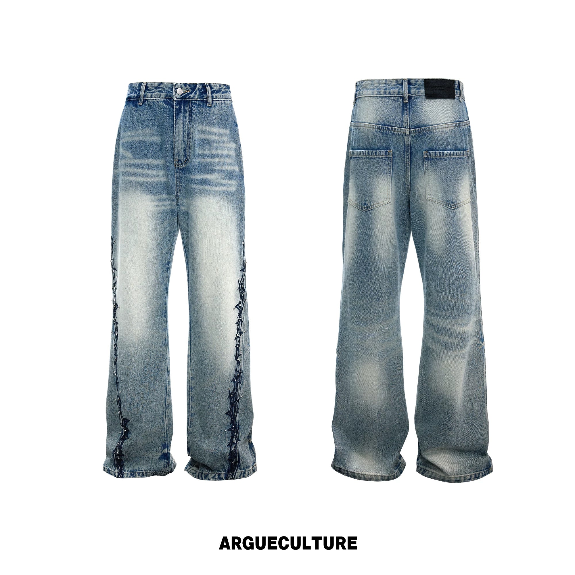 Washed Straight-Leg Jeans with Embroidery and Hardware - Washed Blue Pants