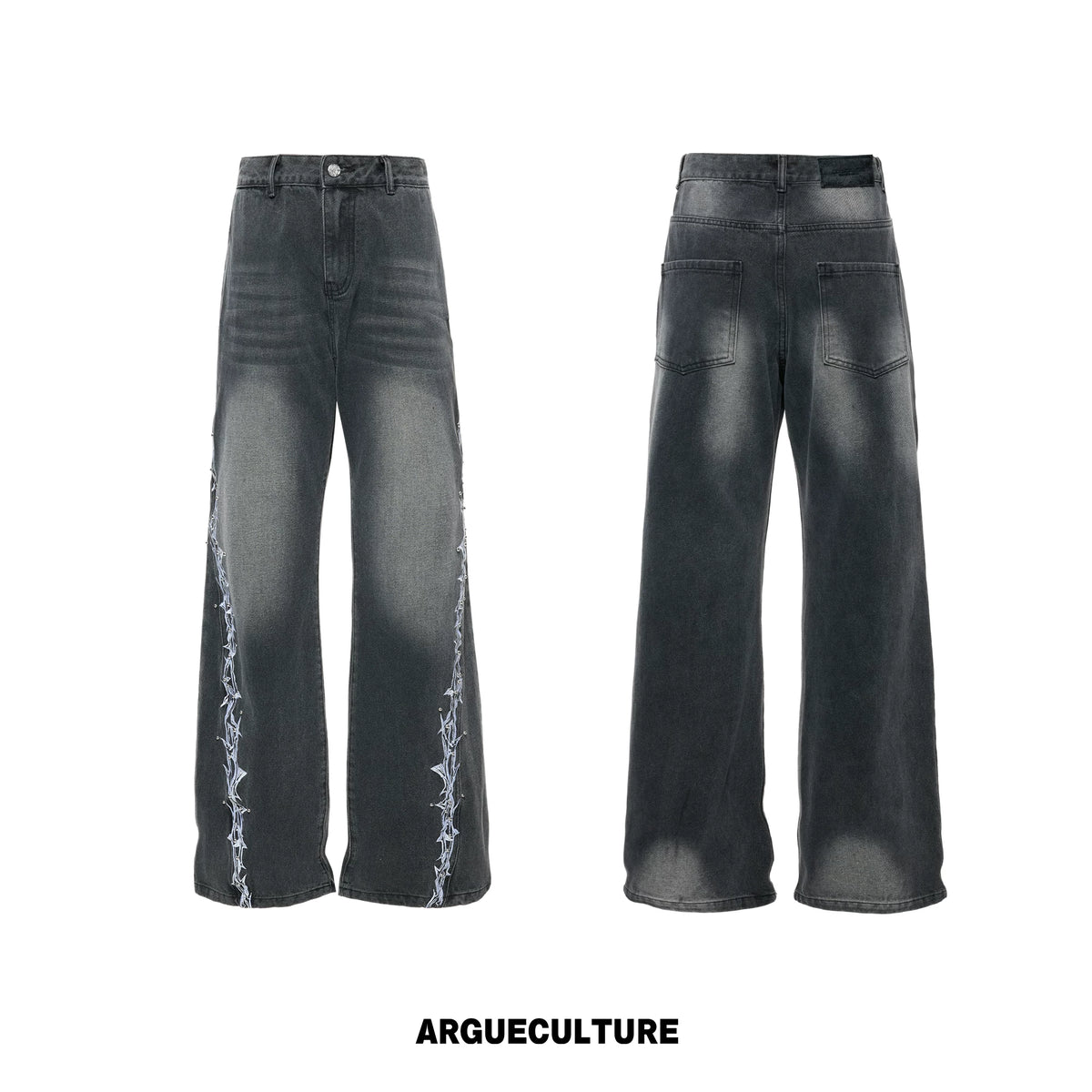 Washed Straight-Leg Jeans with Embroidery and Hardware - Washed Gray Pants
