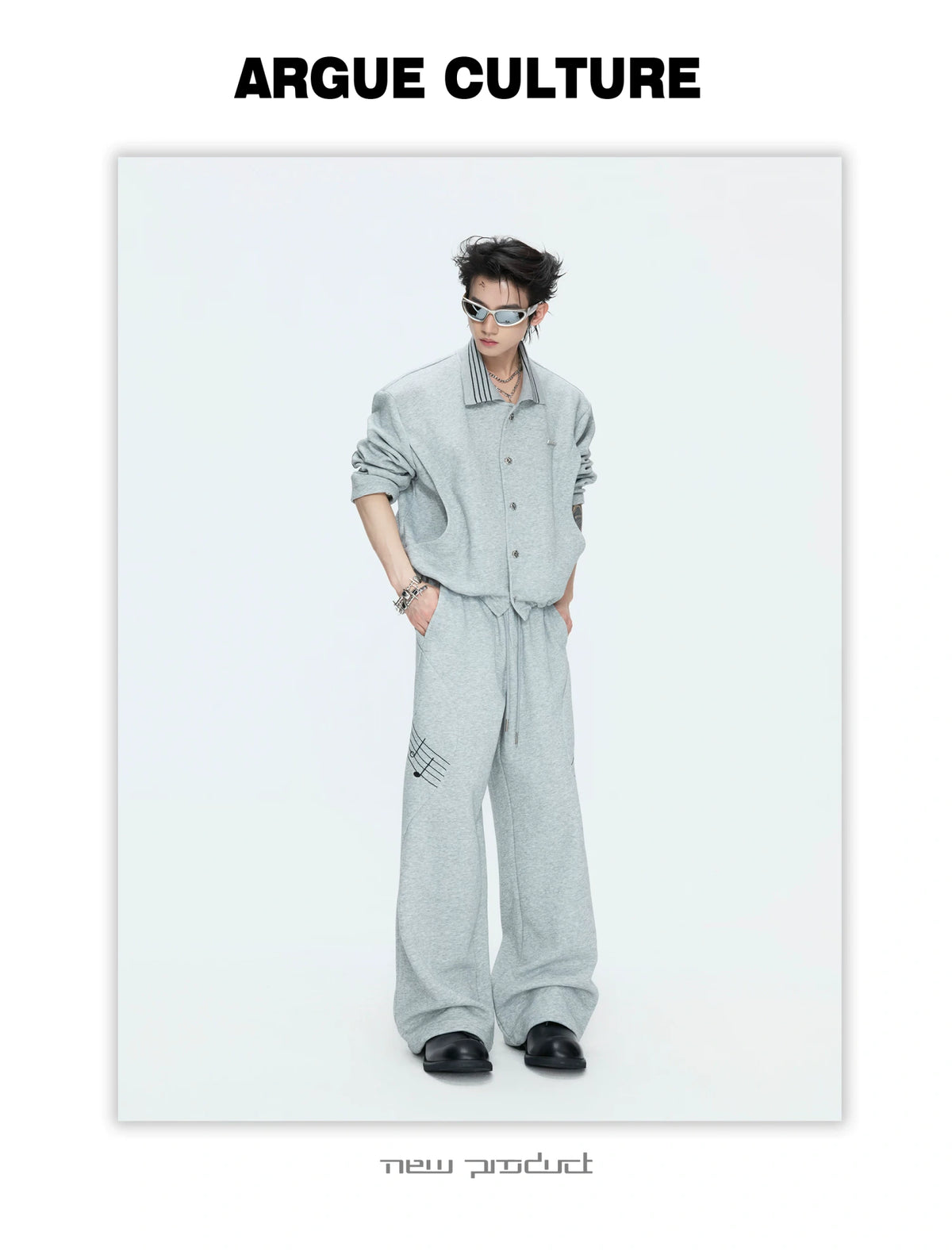 Music Note Embroidered Polo-Collar Top and Pants - description image 11