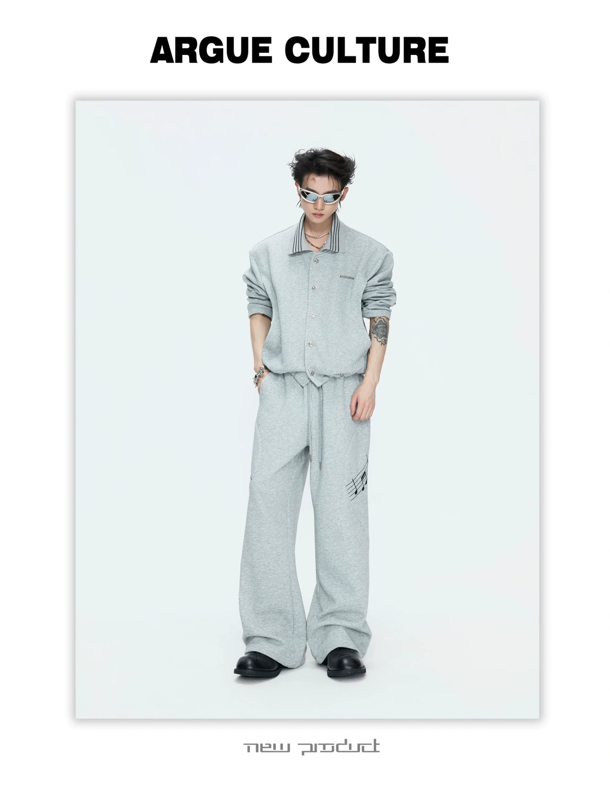 Music Note Embroidered Polo-Collar Top and Pants - description image 12