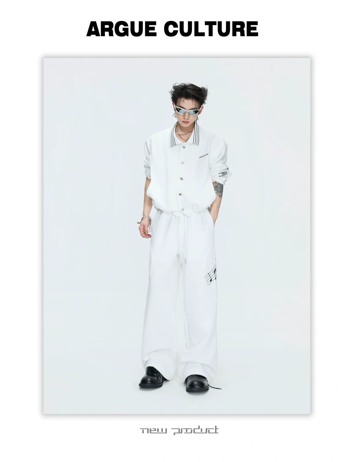 Music Note Embroidered Polo-Collar Top and Pants - description image 17