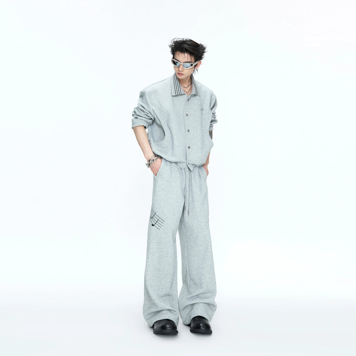 Music Note Embroidered Polo-Collar Top and Pants - main image 3