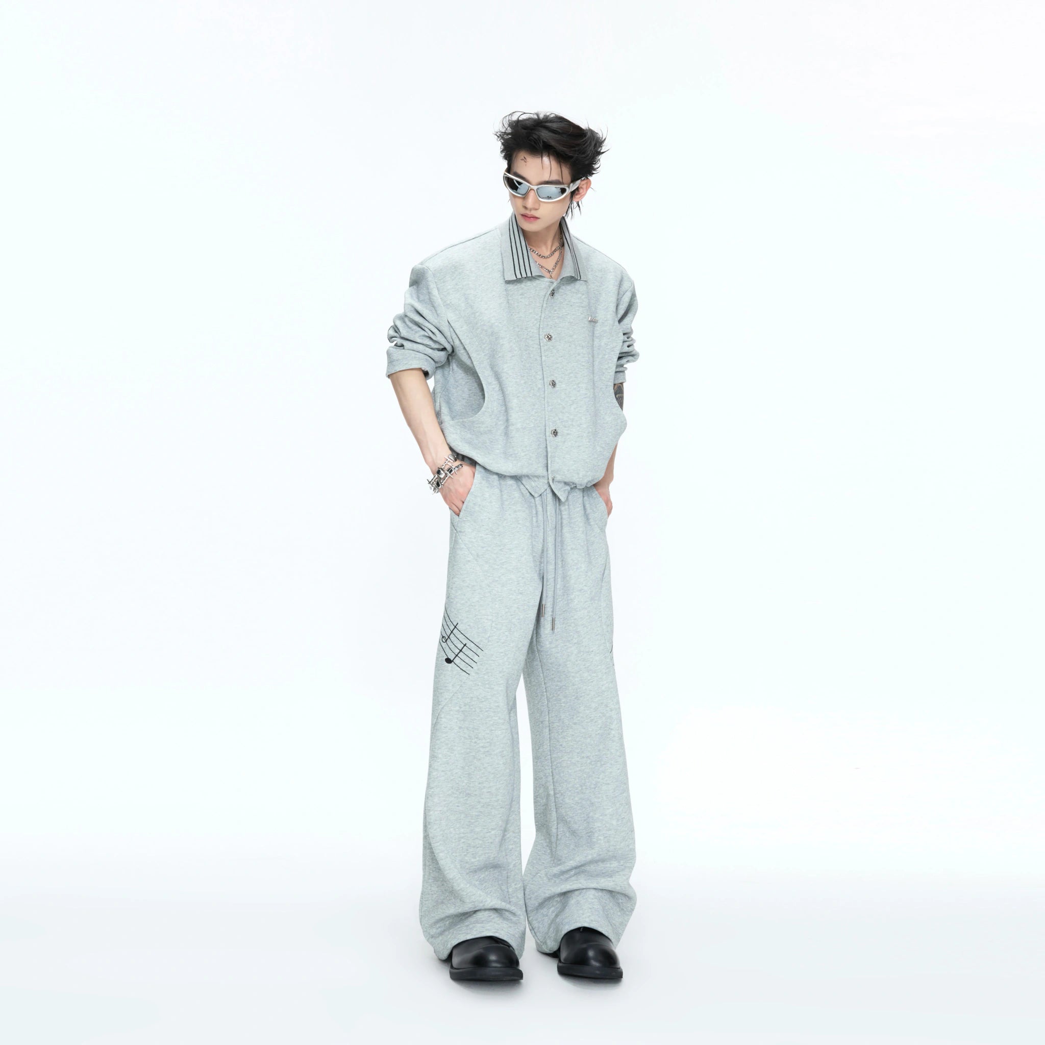 Music Note Embroidered Polo-Collar Top and Pants - main image 3