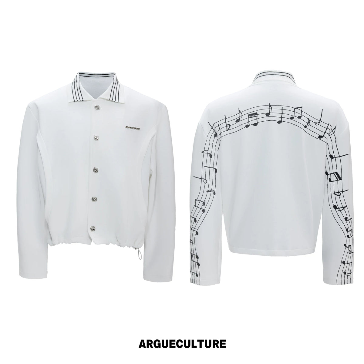 Music Note Embroidered Polo-Collar Top and Pants - White Top
