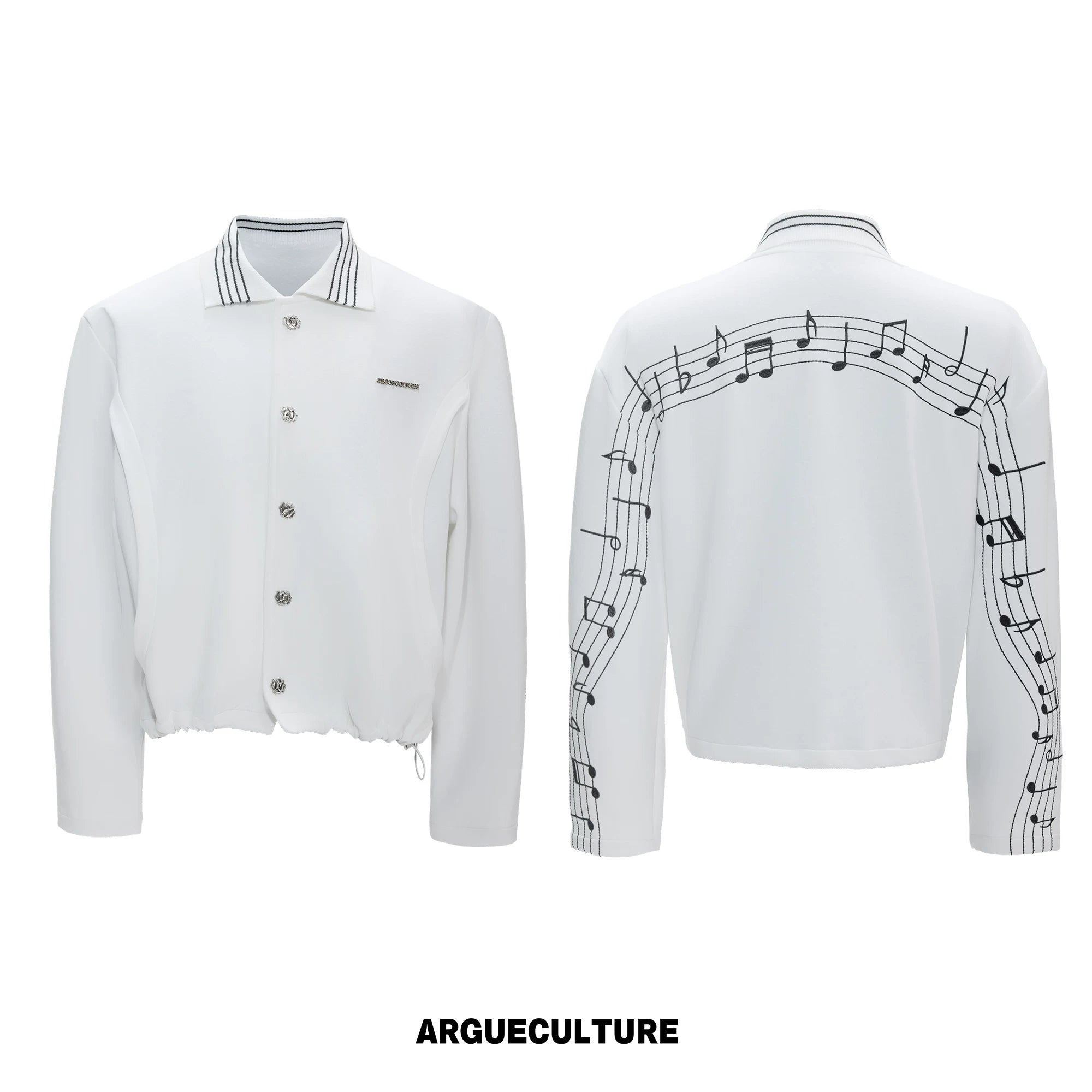Music Note Embroidered Polo-Collar Top and Pants - White Top