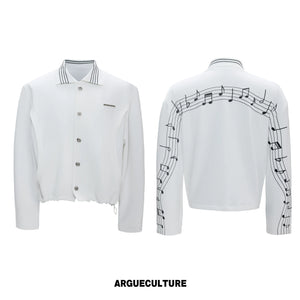 Music Note Embroidered Polo-Collar Top and Pants - White Top