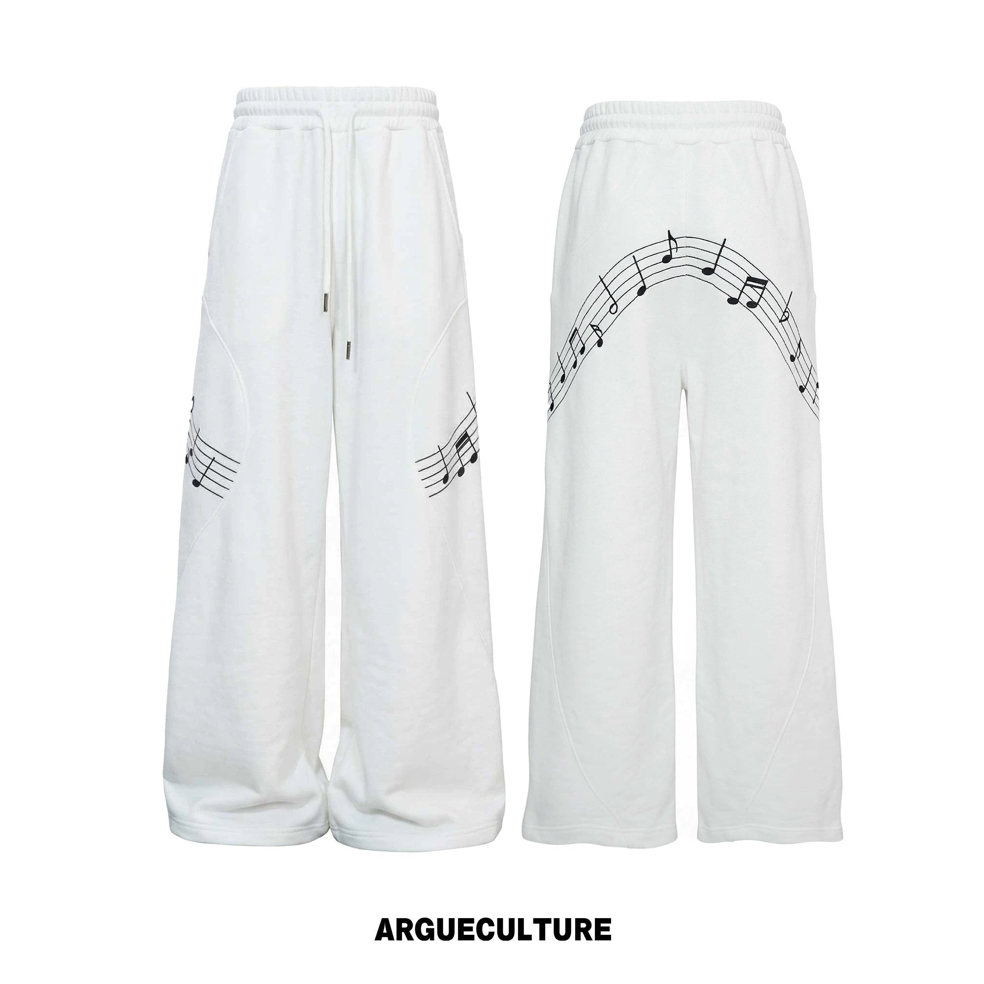 Music Note Embroidered Polo-Collar Top and Pants - White Pants
