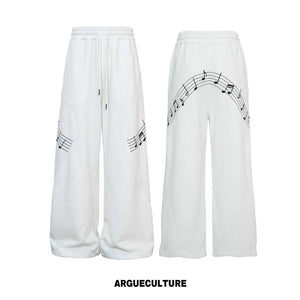 Music Note Embroidered Polo-Collar Top and Pants - White Pants