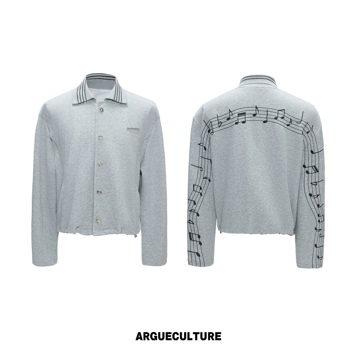 Music Note Embroidered Polo-Collar Top and Pants - Gray Top
