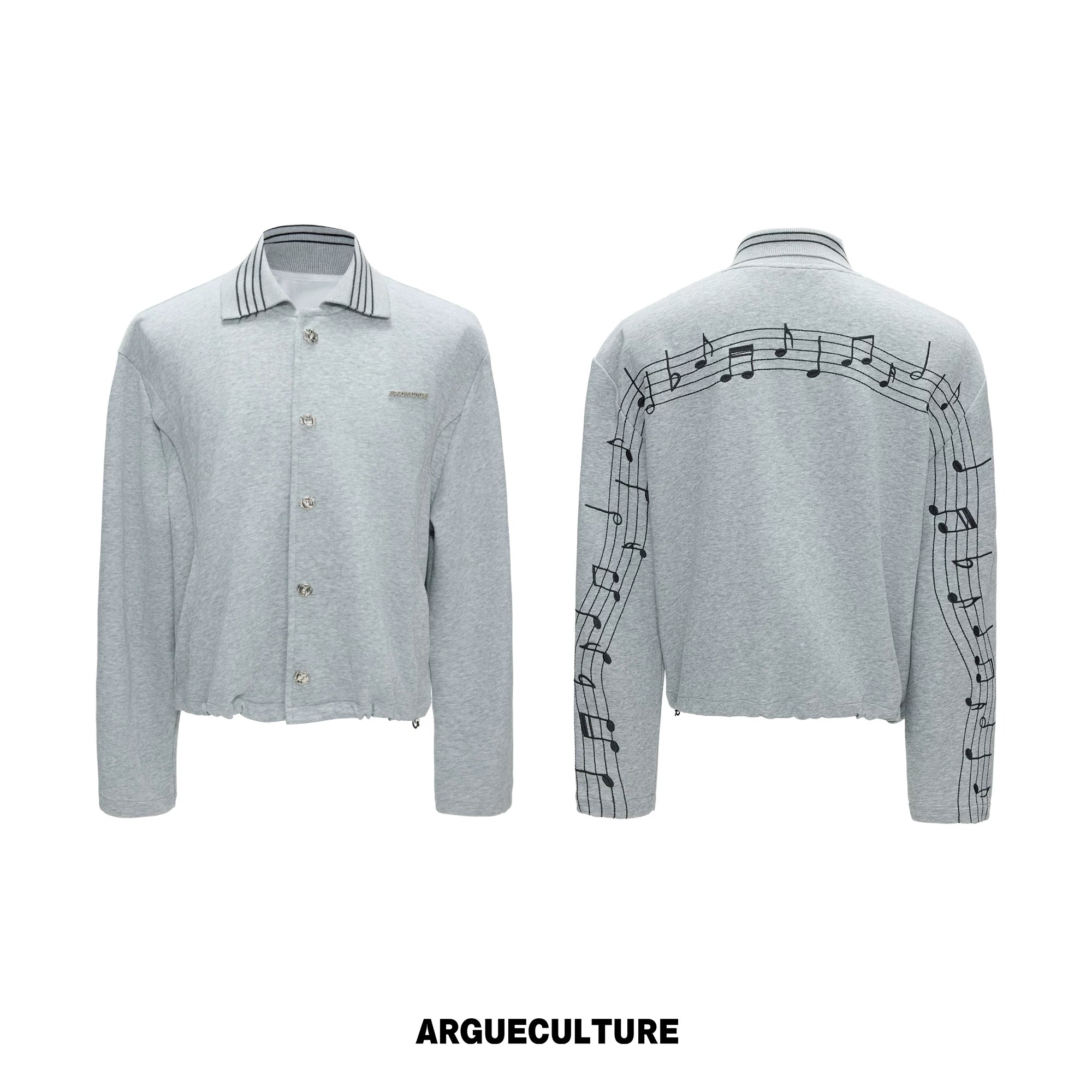 Music Note Embroidered Polo-Collar Top and Pants - Gray Top