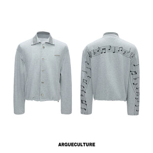 Music Note Embroidered Polo-Collar Top and Pants - Gray Top