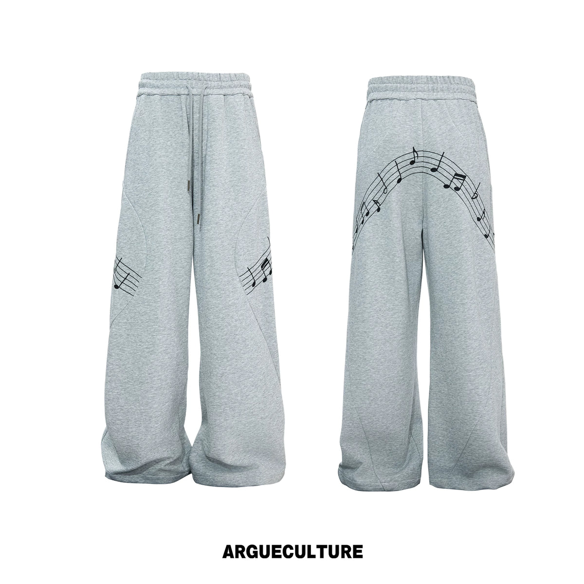 Music Note Embroidered Polo-Collar Top and Pants - Gray Pants