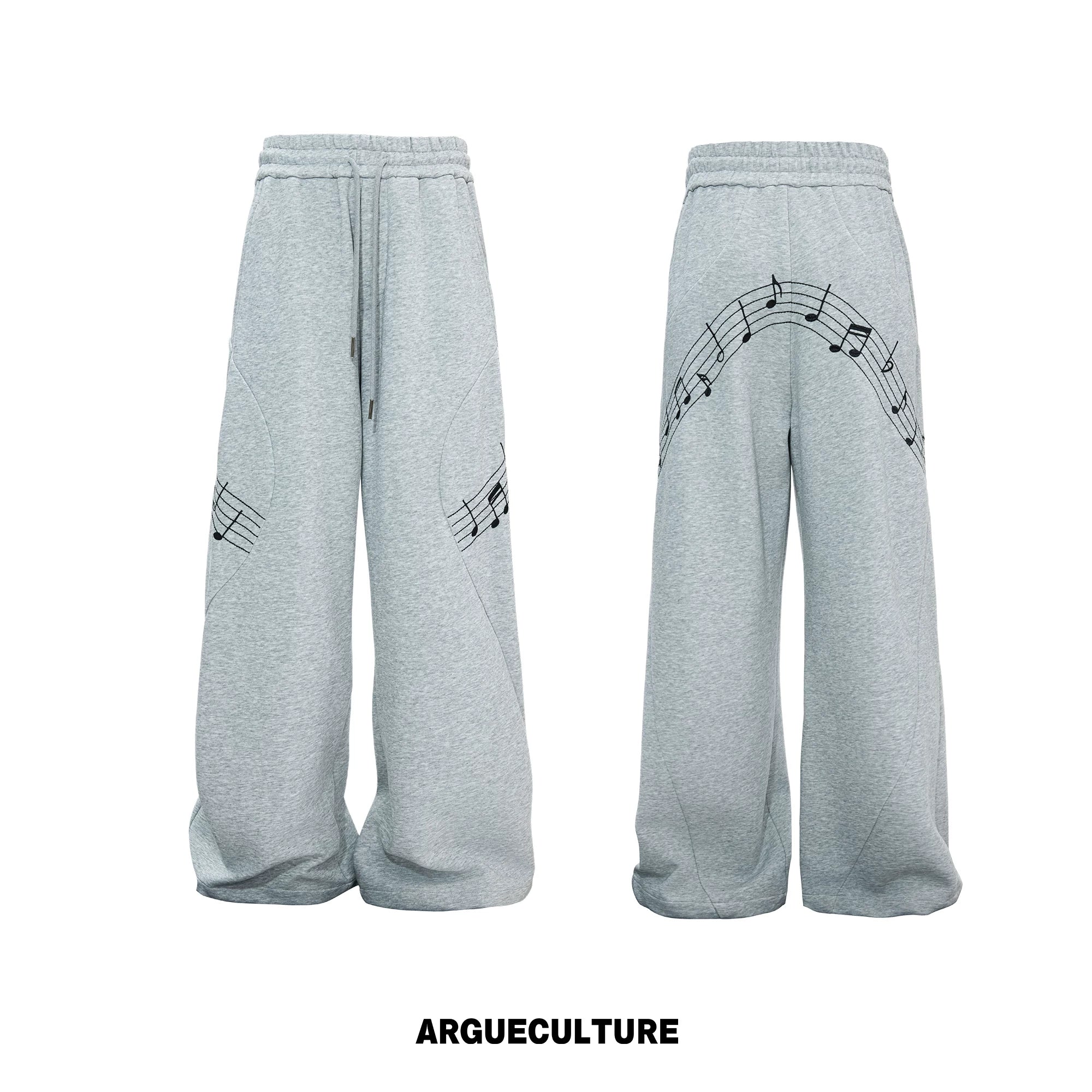 Music Note Embroidered Polo-Collar Top and Pants - Gray Pants