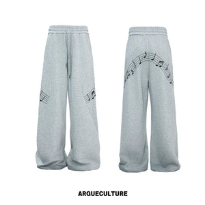 Music Note Embroidered Polo-Collar Top and Pants - Gray Pants