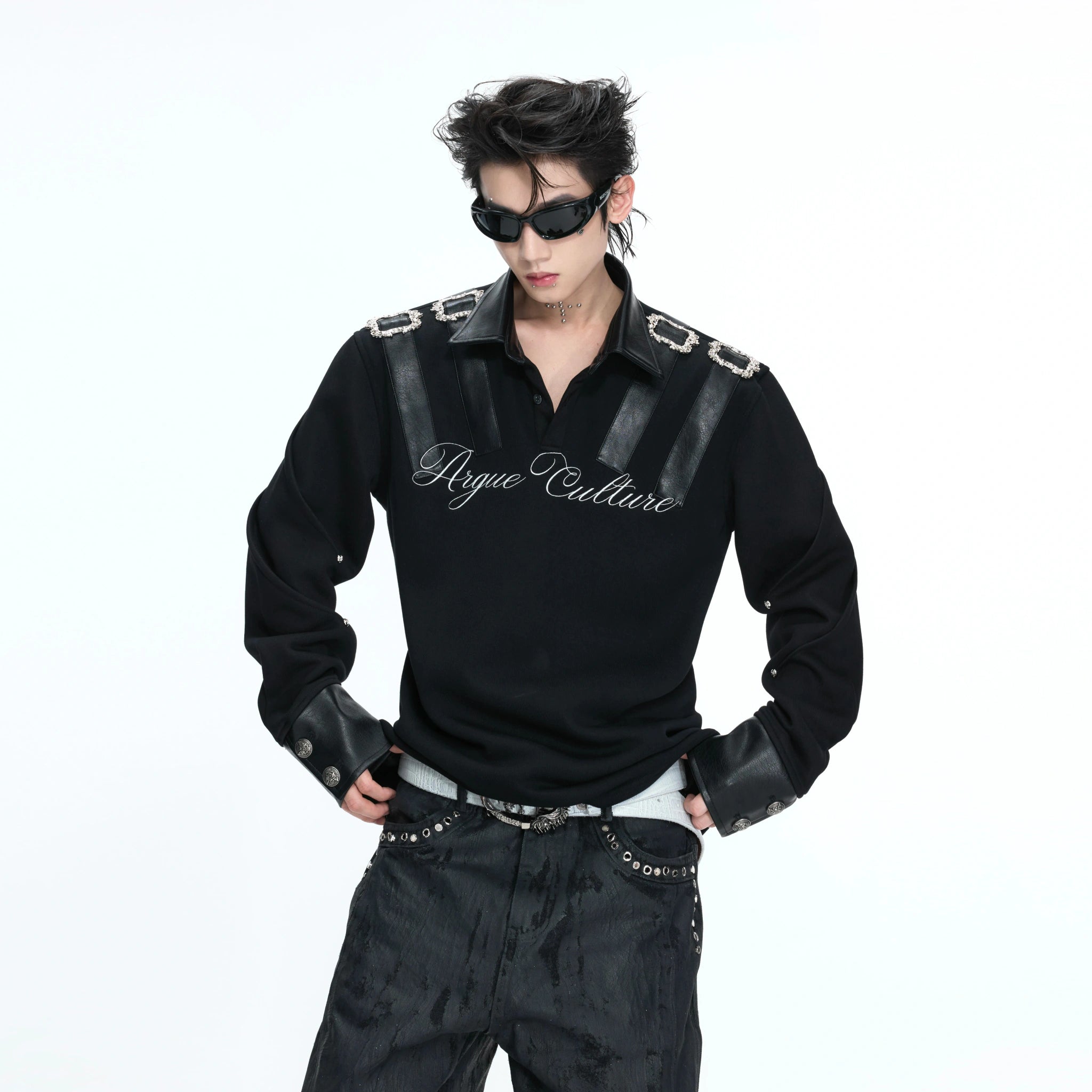 Structured Black Spliced Polo Shirt | Long Sleeve - main image 1