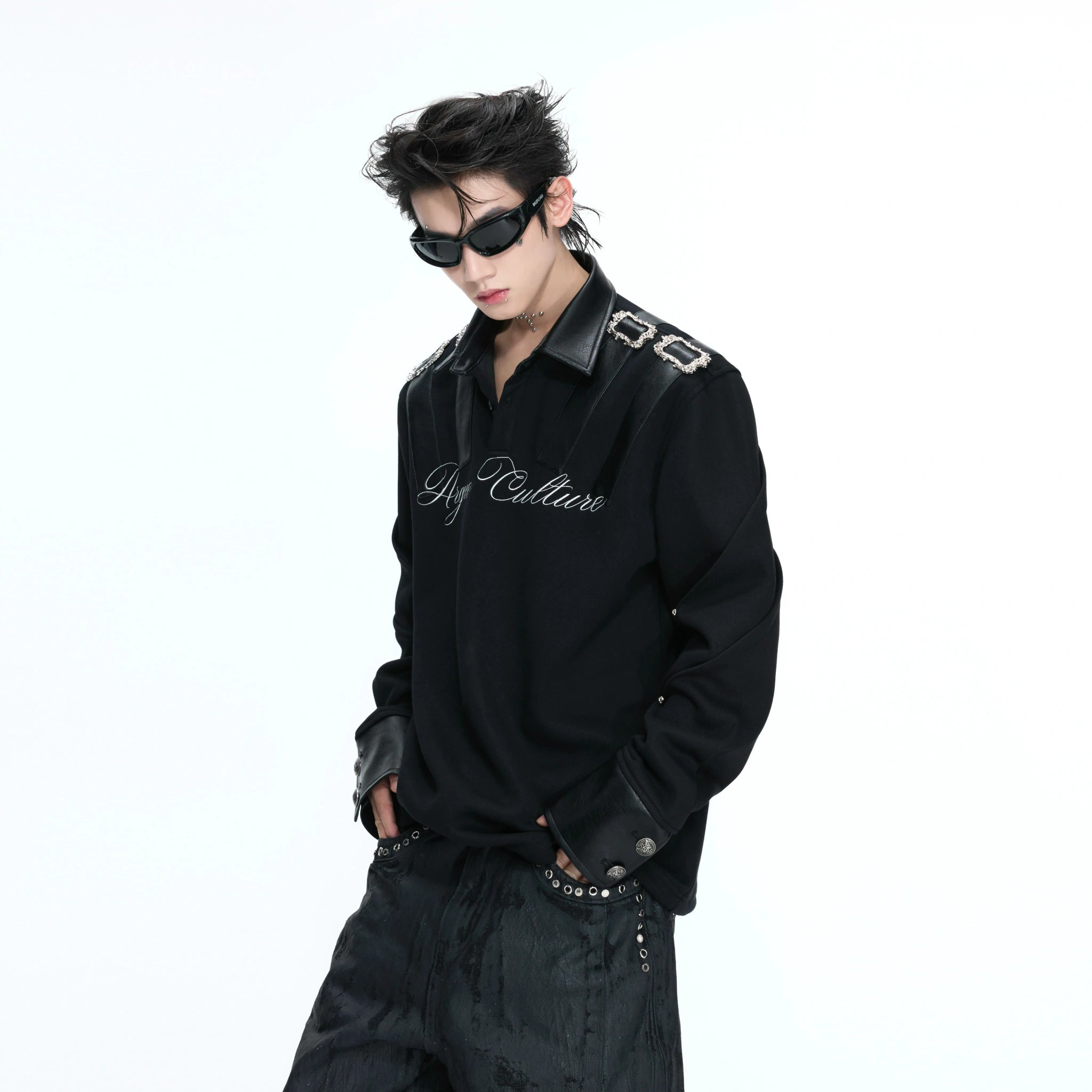 Structured Black Spliced Polo Shirt | Long Sleeve - main image 2