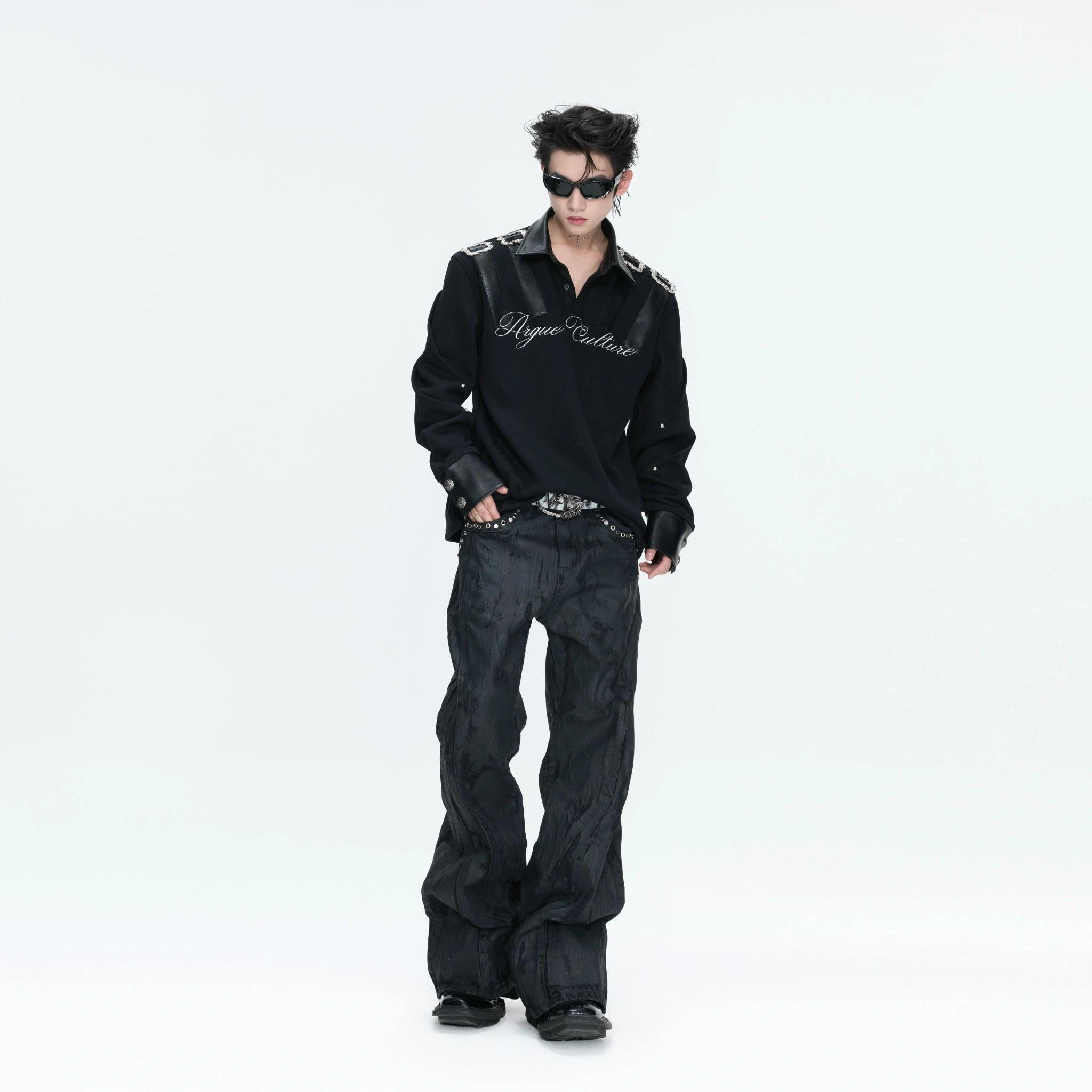 Structured Black Spliced Polo Shirt | Long Sleeve - main image 4