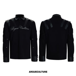 Structured Black Spliced Polo Shirt | Long Sleeve - Black Top