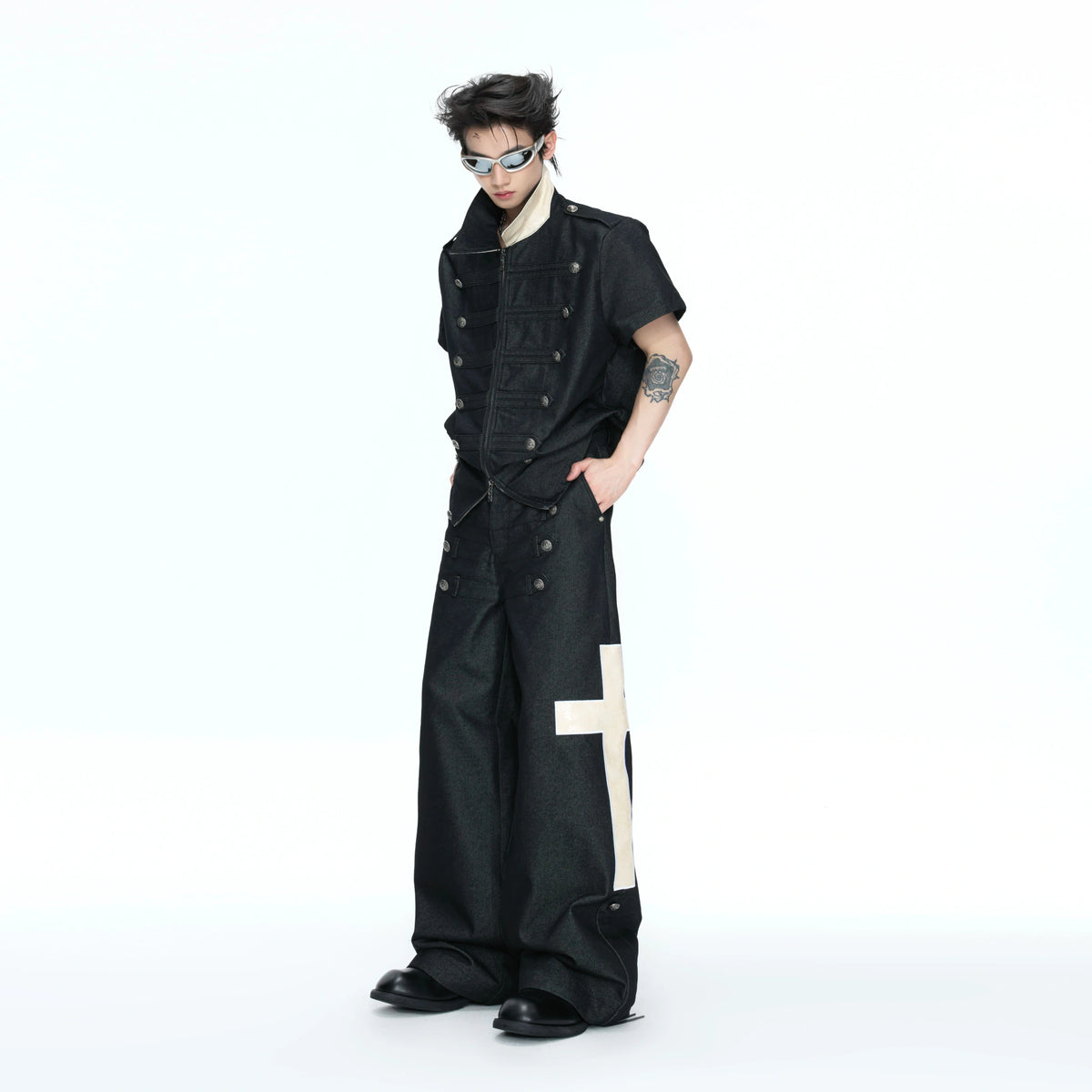Cross-Detail Double-Breasted Cotton Polo Set - main image 1