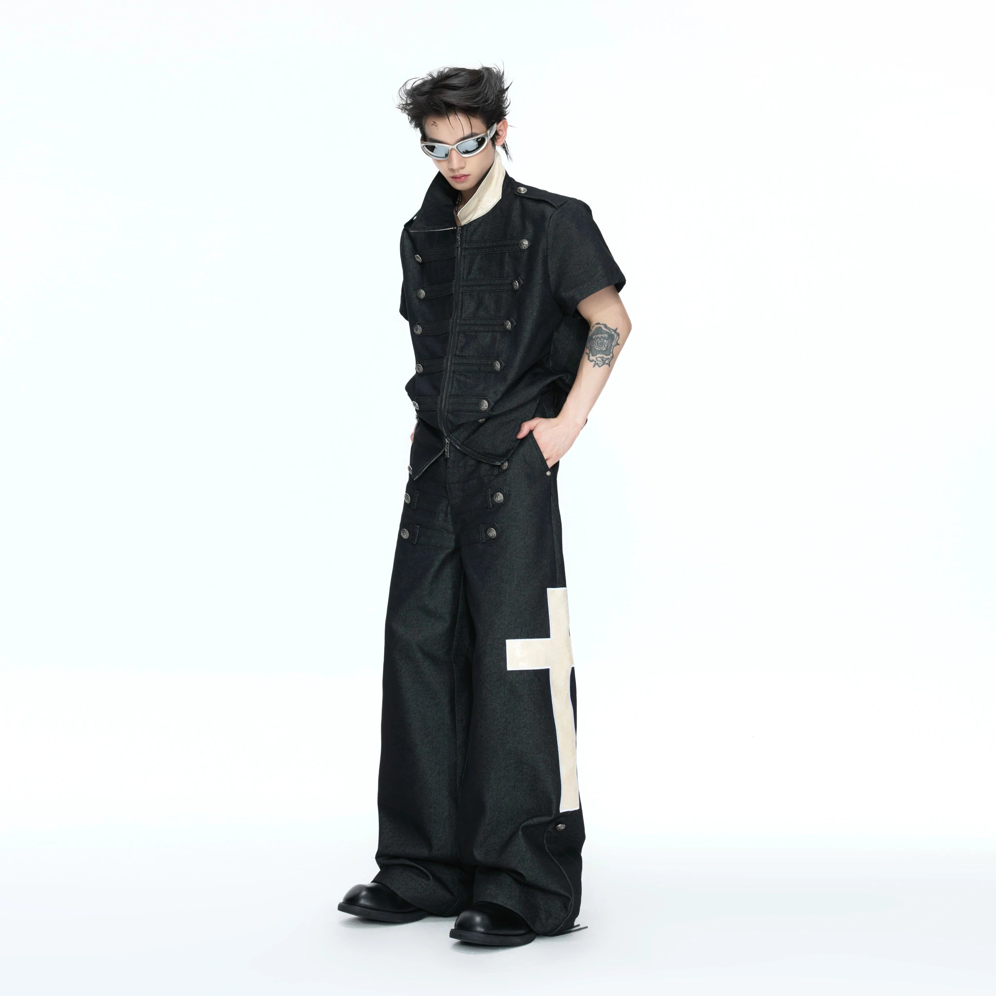 Cross-Detail Double-Breasted Cotton Polo Set - main image 1