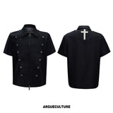Cross-Detail Double-Breasted Cotton Polo Set - Black Top