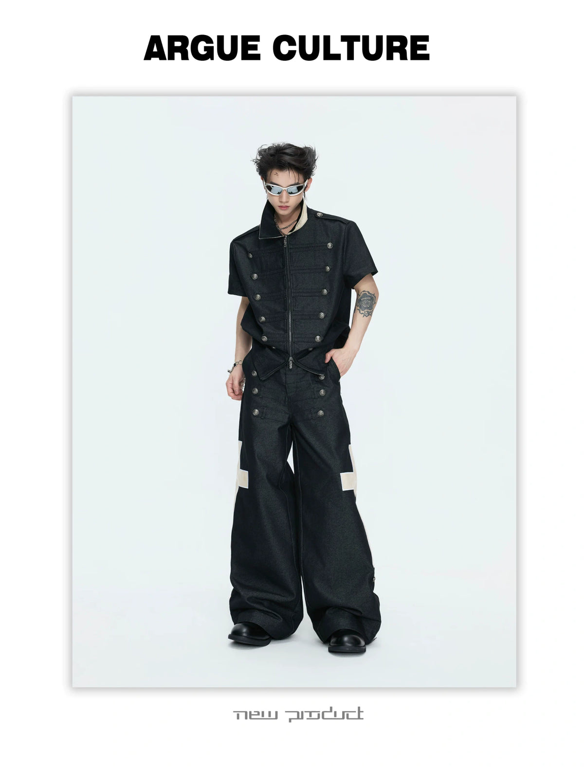 Black Cross-Detail Wide-Leg Cotton Jeans - description image 4