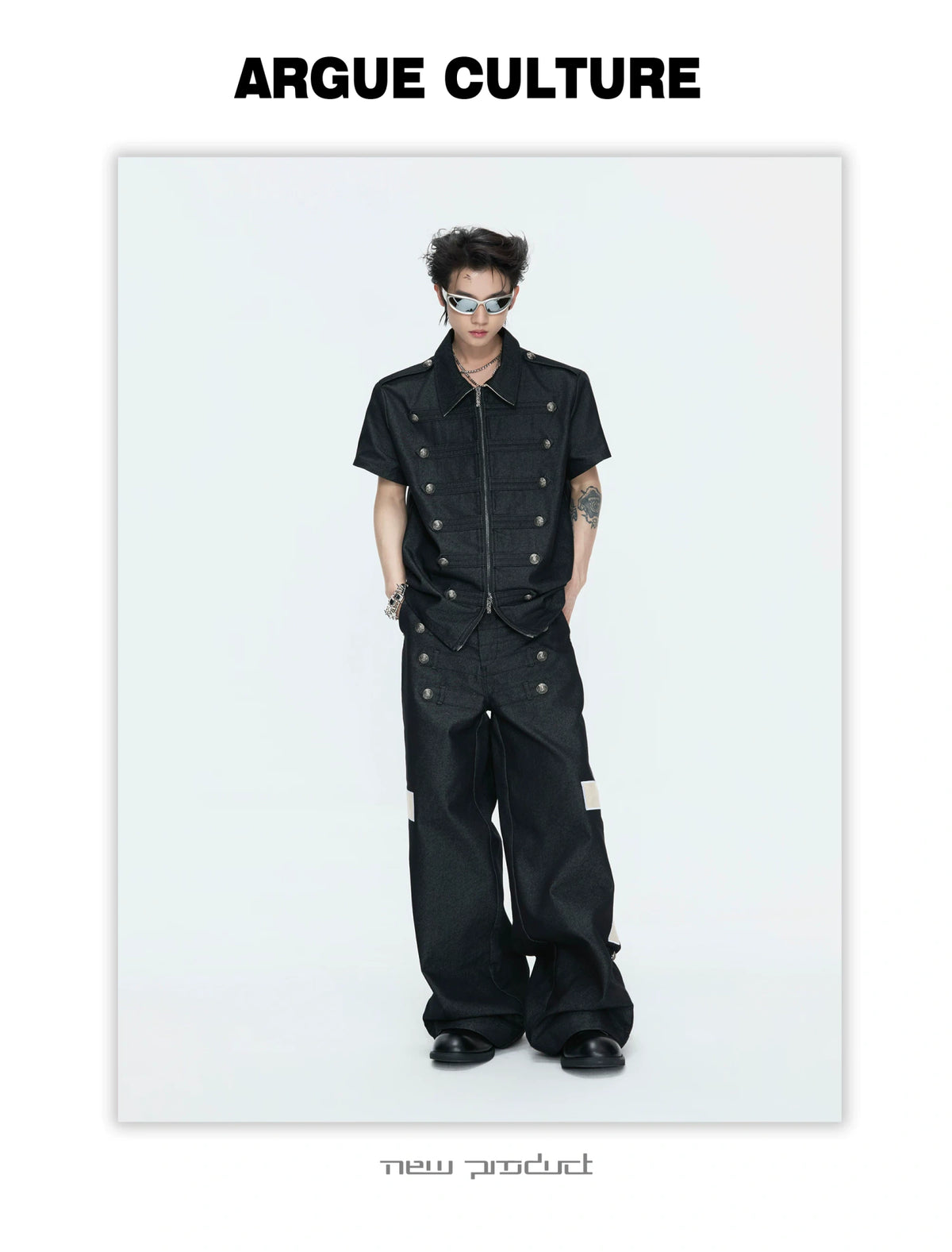 Black Cross-Detail Wide-Leg Cotton Jeans - description image 9