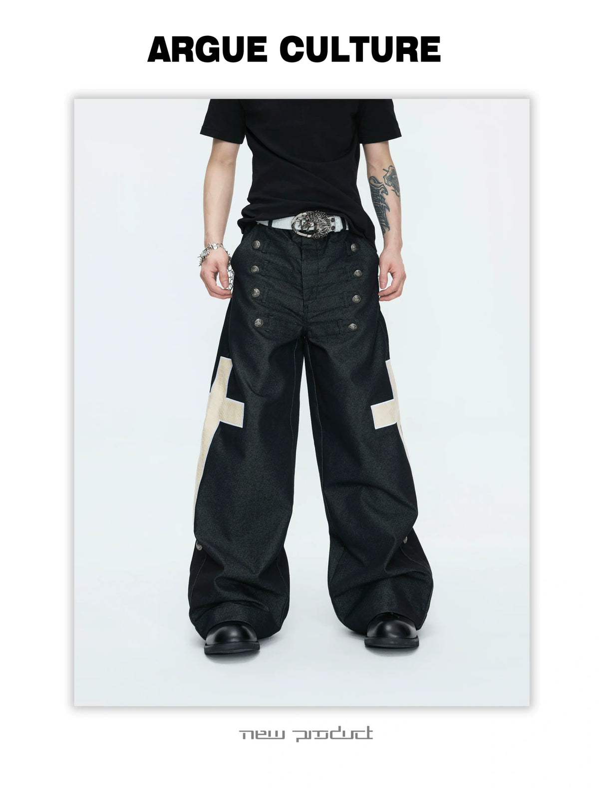 Black Cross-Detail Wide-Leg Cotton Jeans - description image 10