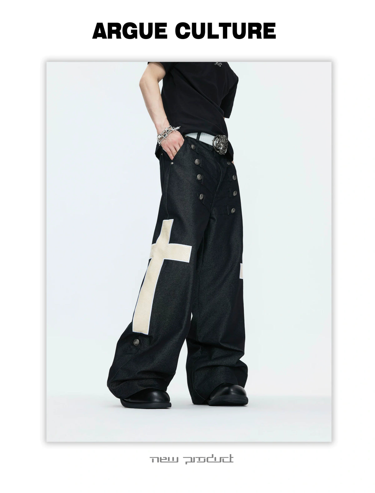 Black Cross-Detail Wide-Leg Cotton Jeans - description image 11