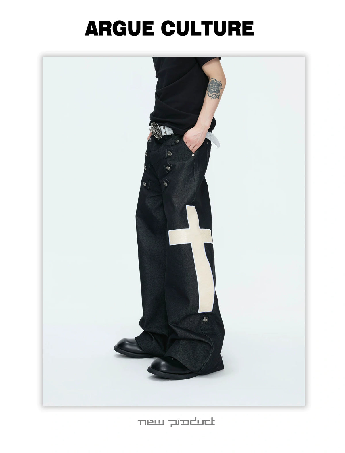 Black Cross-Detail Wide-Leg Cotton Jeans - description image 12