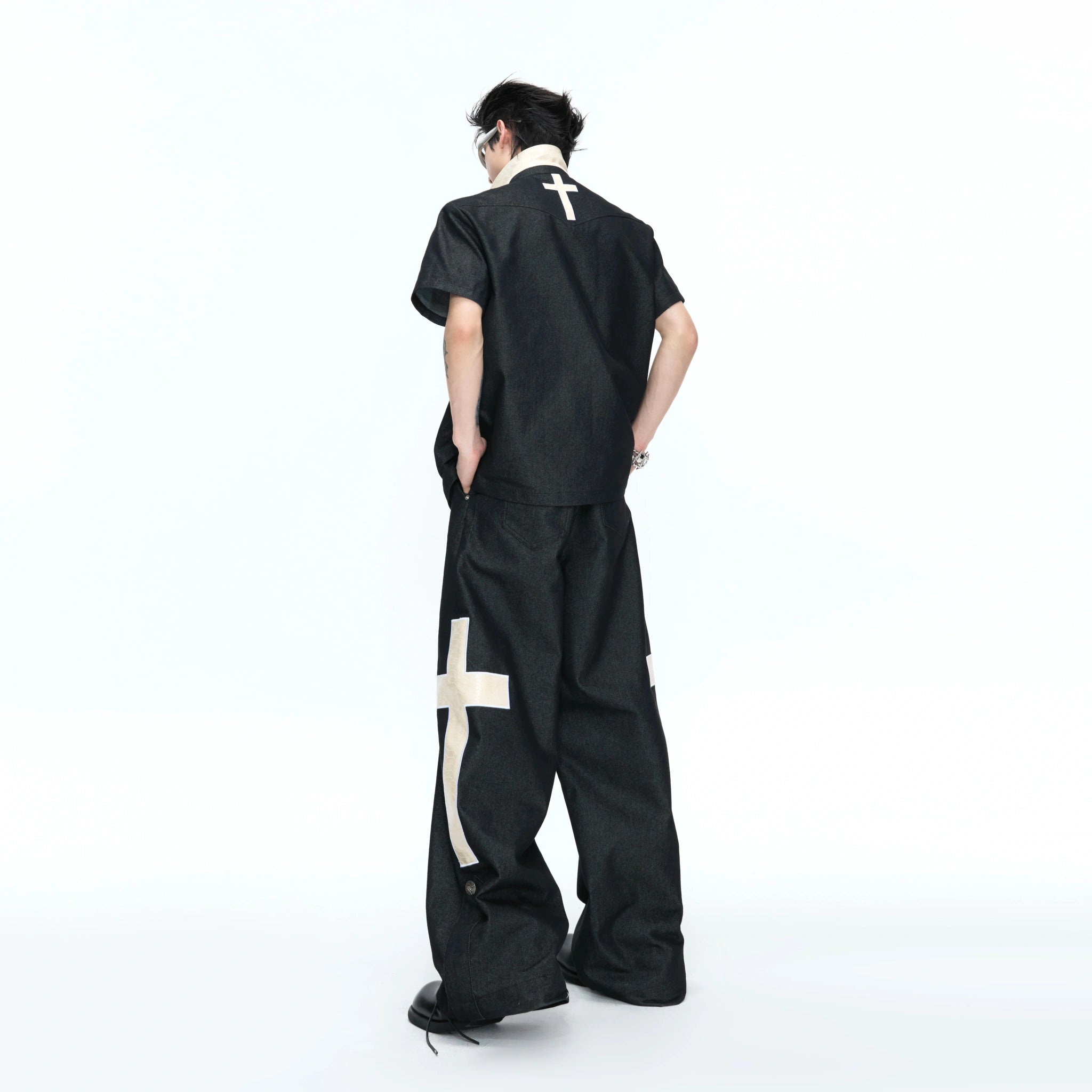 Black Cross-Detail Wide-Leg Cotton Jeans - main image 2