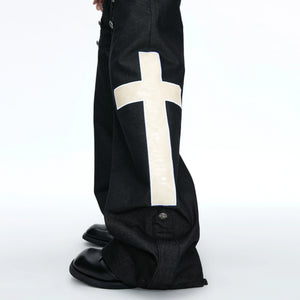 Black Cross-Detail Wide-Leg Cotton Jeans - main image 4