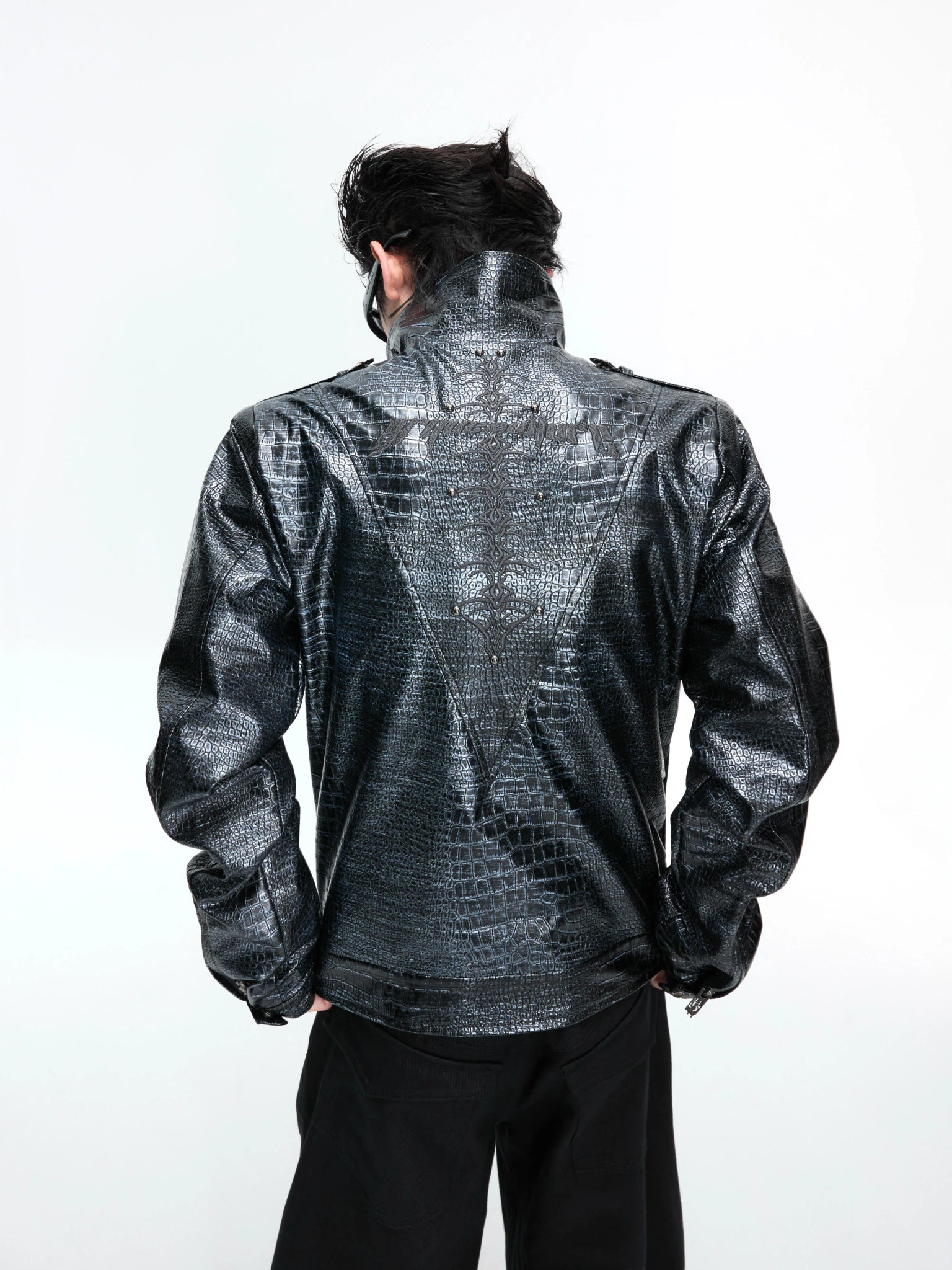 Croc-Texture Faux Leather Double-Breasted Jacket - main image 1