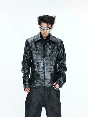 Croc-Texture Faux Leather Double-Breasted Jacket - main image 2