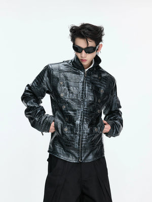 Croc-Texture Faux Leather Double-Breasted Jacket - main image 4