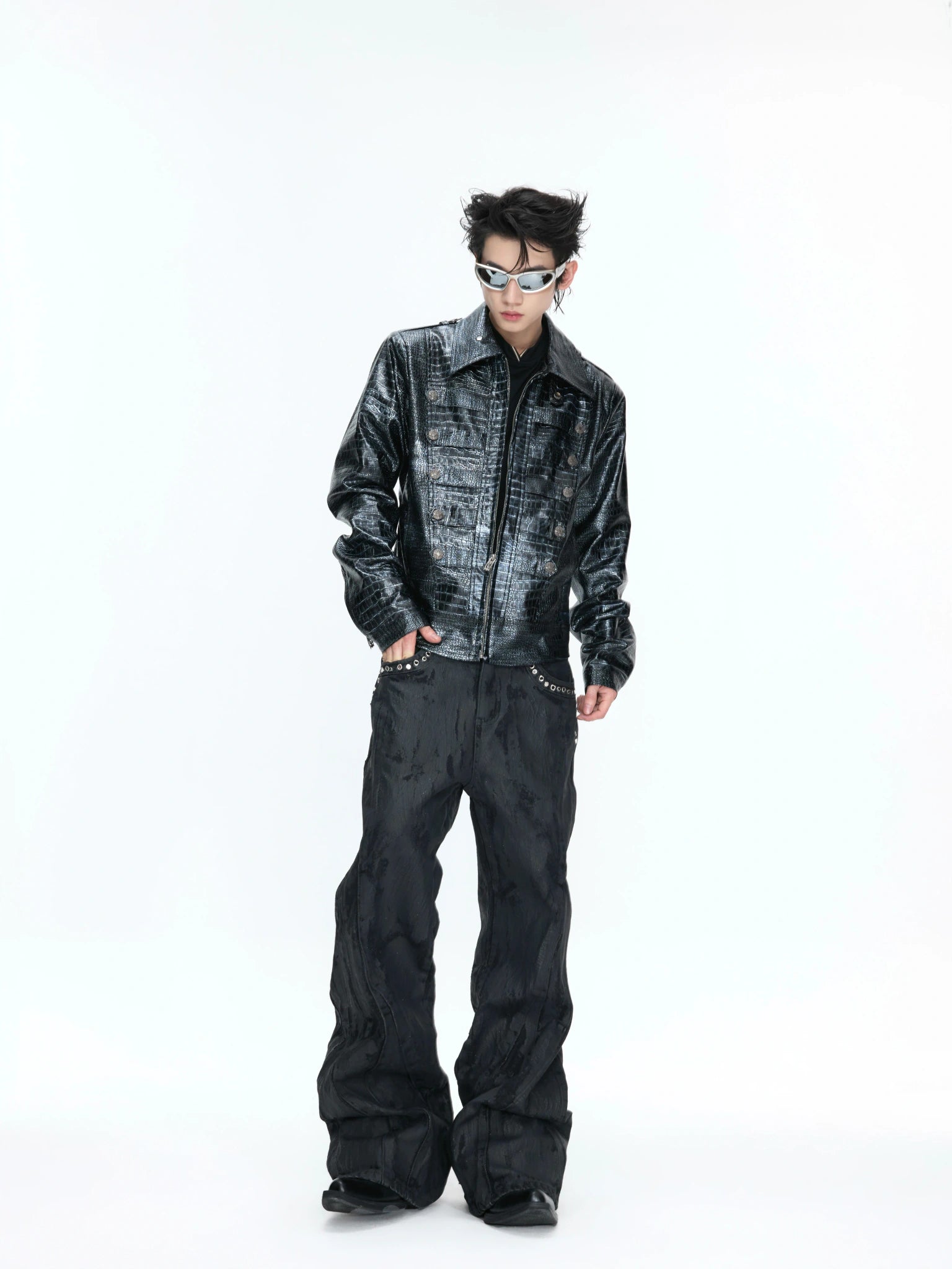 Croc-Texture Faux Leather Double-Breasted Jacket - main image 5