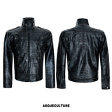 Croc-Texture Faux Leather Double-Breasted Jacket - Black Top