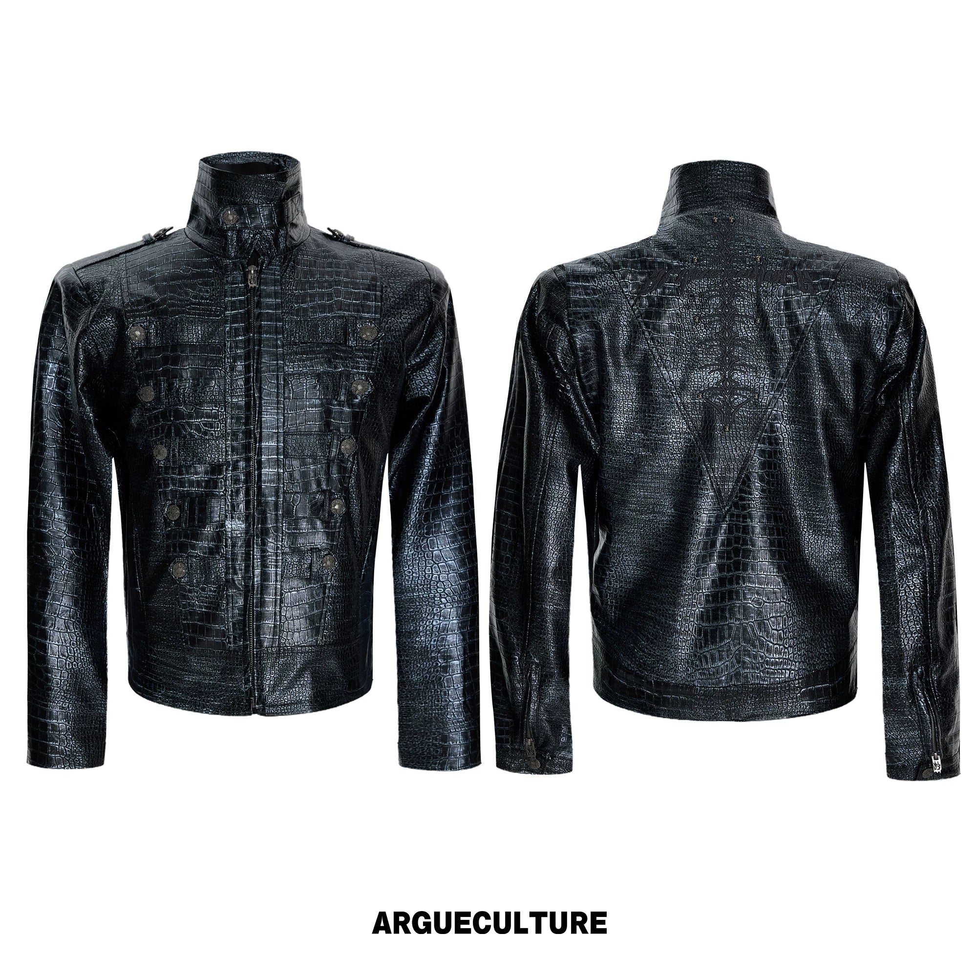 Croc-Texture Faux Leather Double-Breasted Jacket - Black Top