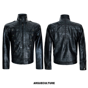 Croc-Texture Faux Leather Double-Breasted Jacket - Black Top