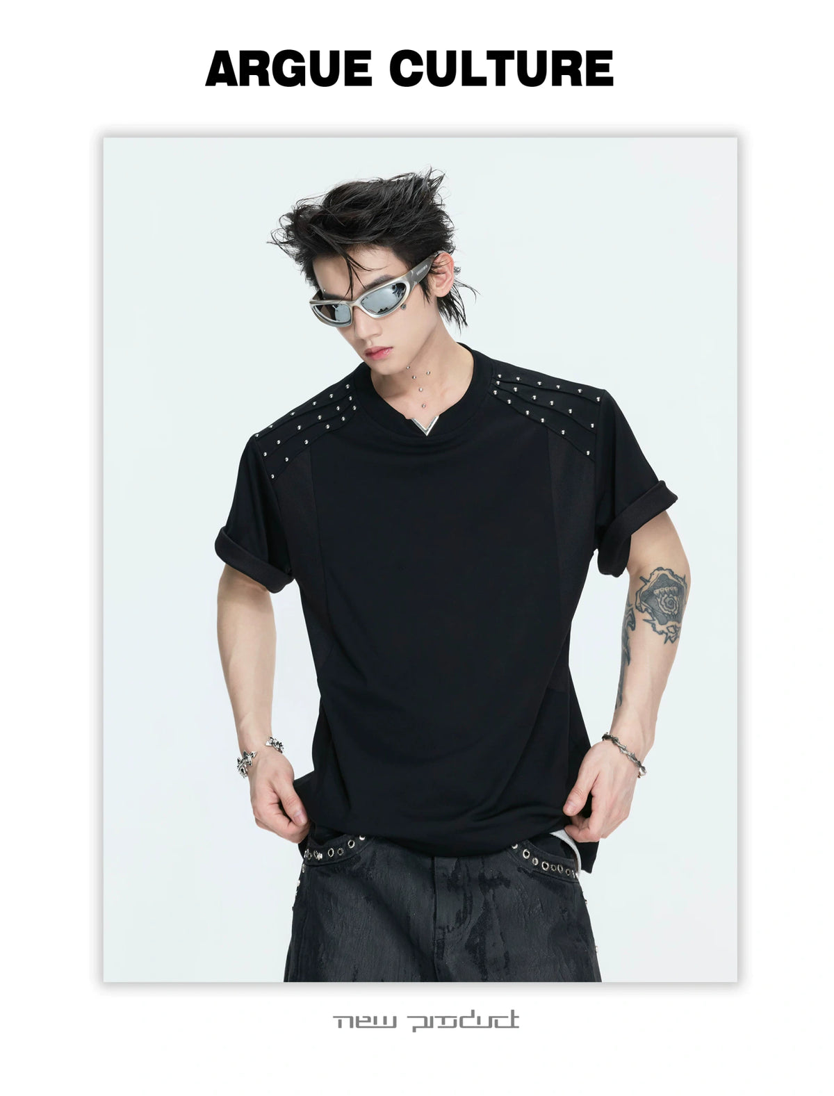 Boxy Black V-Neck Rivet T-Shirt with Mesh Lining - description image 5