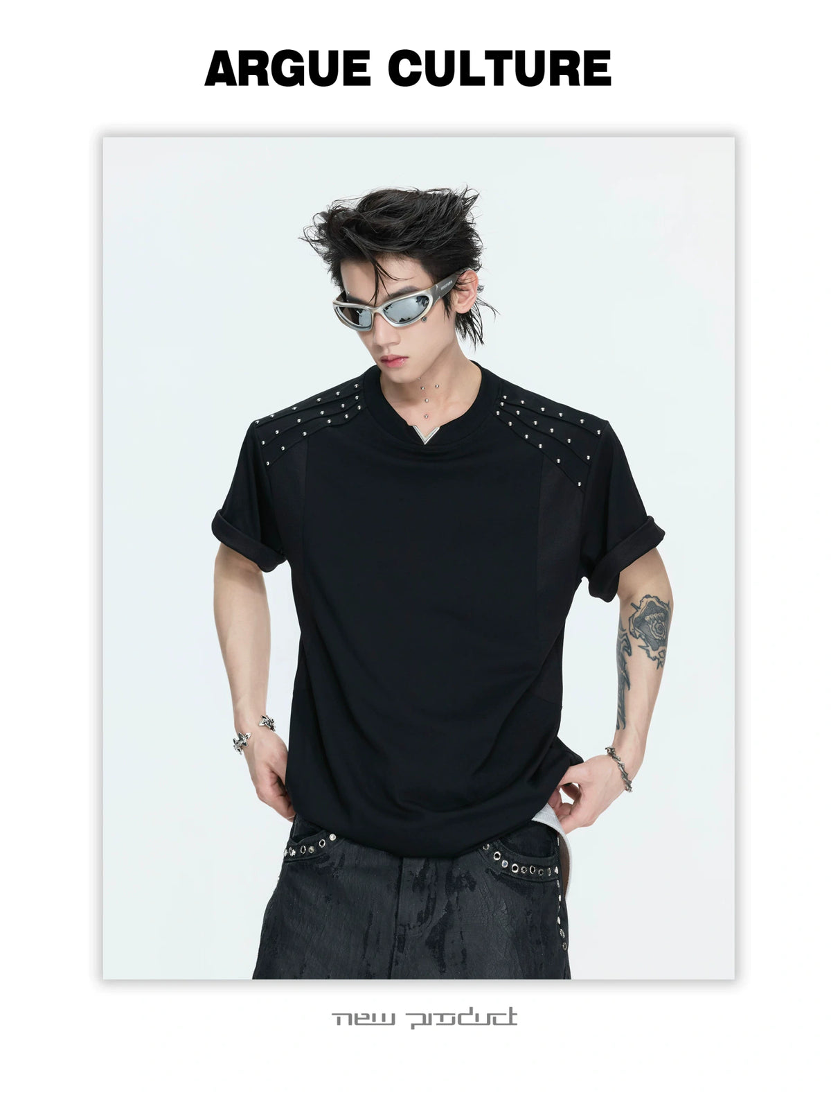 Boxy Black V-Neck Rivet T-Shirt with Mesh Lining - description image 6