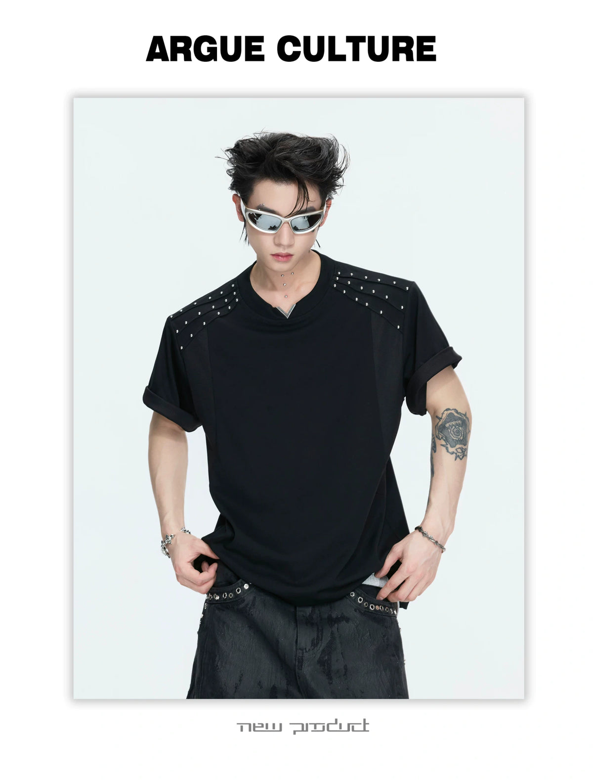 Boxy Black V-Neck Rivet T-Shirt with Mesh Lining - description image 7